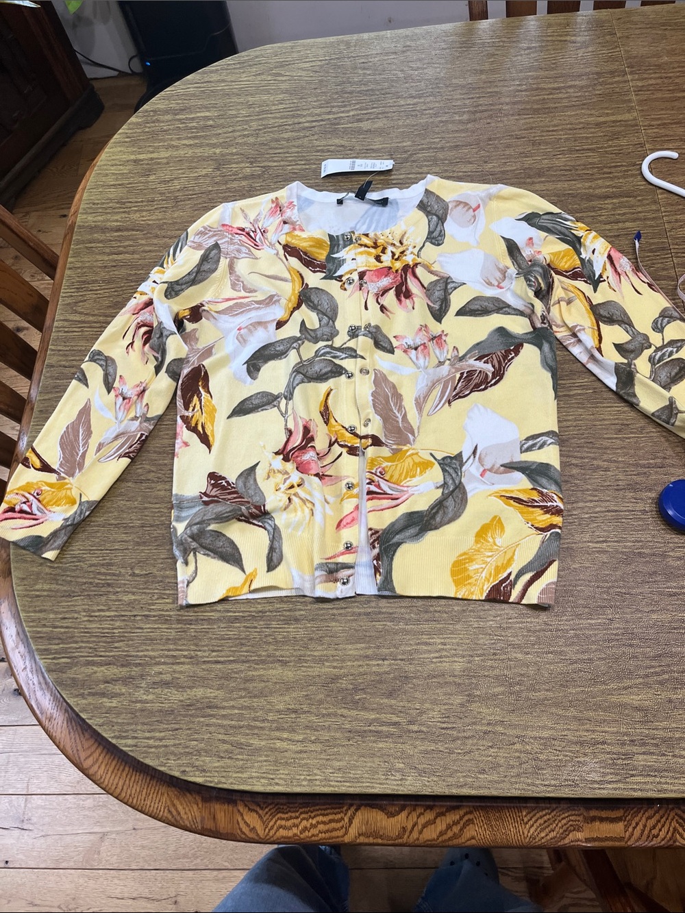 White House Black Market Yellow Floral Snap-Front Cardigan